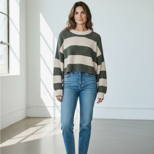 Hollister Women's Striped Ribbed Knit Pullover Sweater Green White Size L